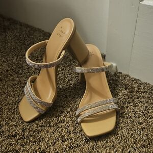 Elegant Tan Strappy Heels With Rhinestones